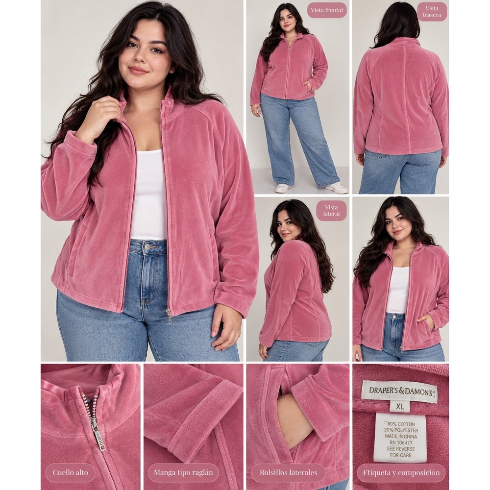 Vintage Draper's & Damon's Pink Velour Zip Jacket XL Y2K Velvet Satin Trim